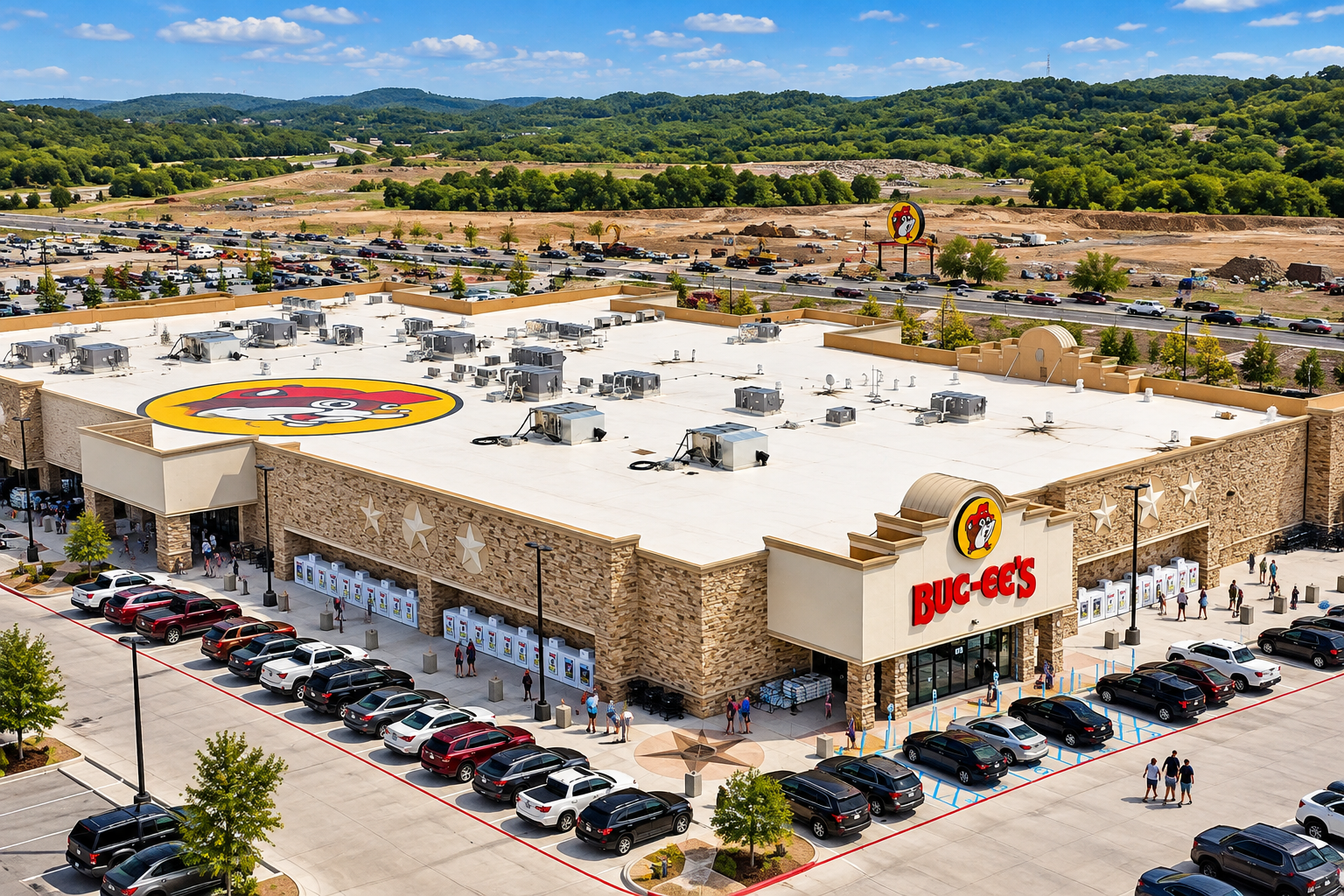 Aerial view of an existing Buc-ee's travel center with parking and surrounding roads.
