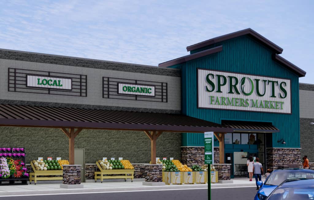 Exterior rendering of a Sprouts Farmers Market grocery store, illustrating the planned Sprouts location at Boerne Town Center in Boerne, Texas.